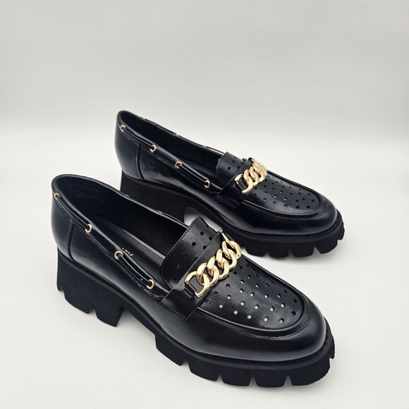 SPR&JOY Black Vegan Leather Lug Sole Loafer Gold Tone Hardware Womens Sz 10 NEW - Picture 3 of 9